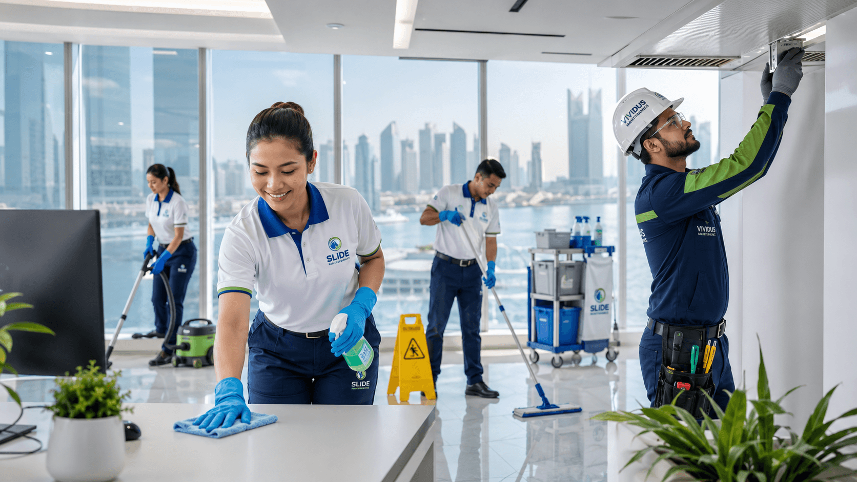 SLIDE and VIVIDUS professional team cleaning office in Doha Qatar